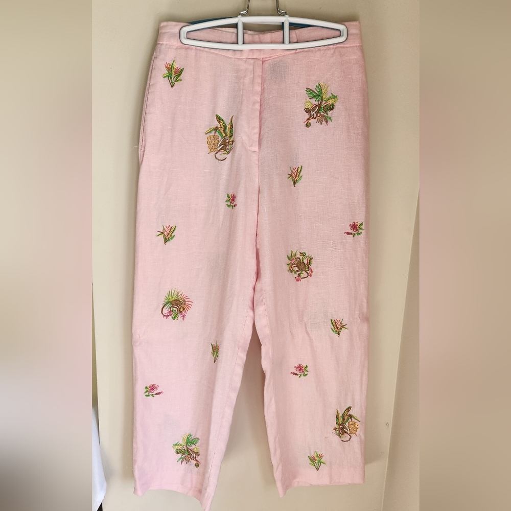 Rosanna Pink Linen Tropical Embroidered Cropped Pants. Size 4